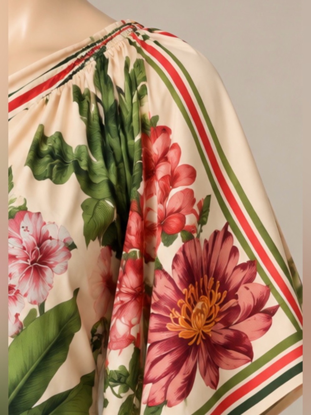 New One-Shoulder Floral Dress in Cream and Green with Pink Blooms - Picture 2 of 3